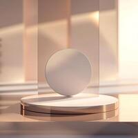 A white sphere on a pedestal in front of a window photo