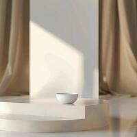 A white bowl on a white table in front of a window photo