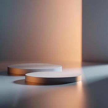 Two white round objects on a table in front of a light photo