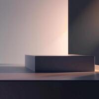 A white box sitting on a table in front of a wall photo