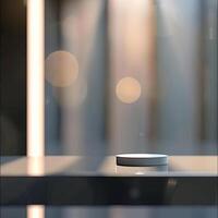 A white object sitting on a table in front of a window photo