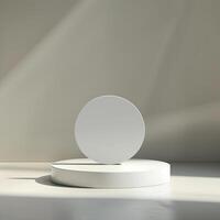 A white round object on a pedestal in front of a wall photo