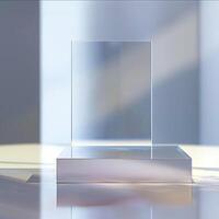 A glass display on a table in front of a window photo