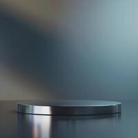 An empty podium on a table with a blurred background photo