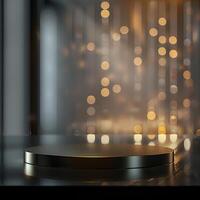 An empty podium on a table with lights in the background photo