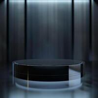 An empty black round table in front of a dark background photo