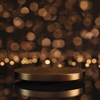 Golden podium with bokeh lights on a black background photo
