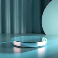 A round table with a silver top on a blue background photo