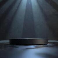 An empty black table in front of a spotlight photo