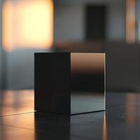 A black cube sitting on a table in front of a window photo