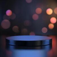 Black round table with bokeh lights on the background photo