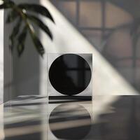A black and white clock on a table in front of a window photo