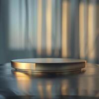 A round metal plate on a table in front of a window photo