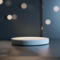 A white circular object on a table in front of a dark background photo