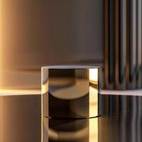 A golden cylinder sitting on a table in front of a wall photo