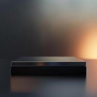 A black box sitting on a table with a blurred background photo