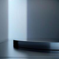 A black circular object on a table in a room photo