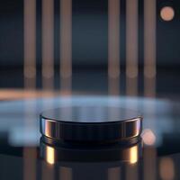 An empty metal object on a table in front of a light photo