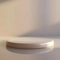 A white toilet seat on a table in front of a wall photo