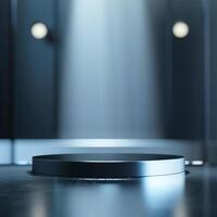 An empty podium in a dark room with lights photo