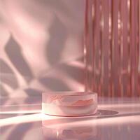 A pink container sitting on a table with a light shining on it photo