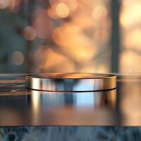 A shiny object on a table in front of a blurry background photo