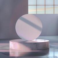 A white circular object on a pedestal in front of a window photo