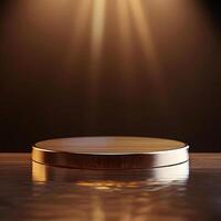 An empty wooden podium on a table with light shining from the top photo