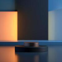 A black object on a table in front of a colorful background photo