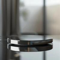 A black and white circular object on a table photo