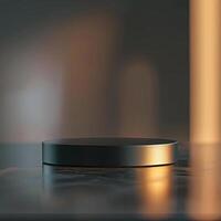 A black object sitting on a table in front of a blurry background photo
