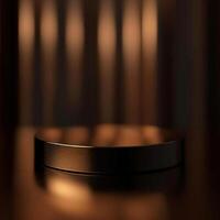 A black round object on a table in front of a dark background photo