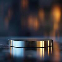 A round metal object on a table with a blurred background photo