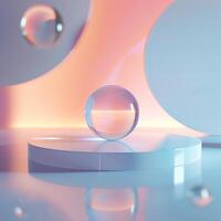 A glass sphere on a table with a pink and blue background photo
