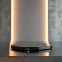 A modern kitchen counter with a circular object photo