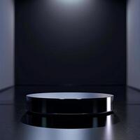 An empty black pedestal on a dark floor photo