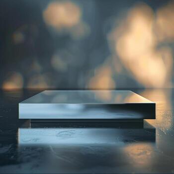 A silver box sitting on a table with a blurred background photo