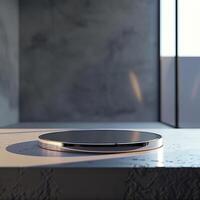A circular object on a table in front of a window photo