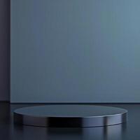 An empty black round pedestal on a table photo