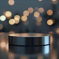 A silver object on a table with lights in the background photo