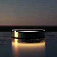 An amazon echo dot on a table in front of the sunset photo