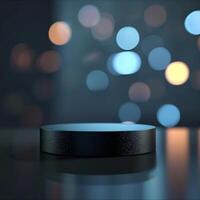 A black box sitting on a table in front of a blurred background photo