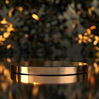 A gold ring sitting on a table in front of a tree photo