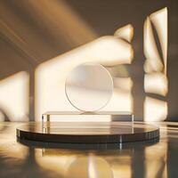 A glass trophy on a table in front of a window photo