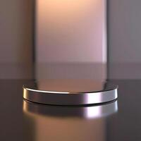 A round object on a table in front of a wall photo
