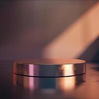 A round metal object on a table in front of a window photo