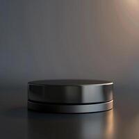 A black round object on a table with a light photo