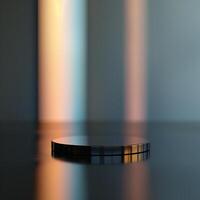 A black and white photo of a table with a light shining on it