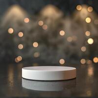 A white round object on a table in front of a blurred background photo