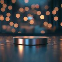 A silver object on a table in front of a blurred background photo